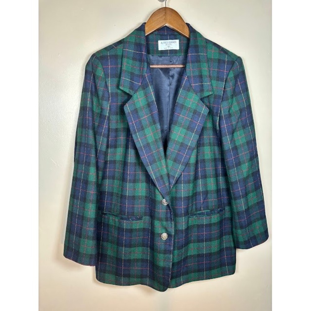 Alfred Dunner Petite Vintage Plaid Blazer Green Navy Wool Blend Jacket Size 10P